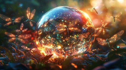 A Shimmering Glass Sphere Enveloped by Luminescent Dragonflies in a Vibrant Biospheric Ecosystem