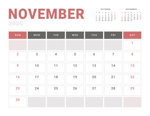 Monthly page Calendar Planner Template of November 2025. Vector layout of calendar with week start Monday for Scheduling. Page for size A4 or 21x29.7 cm