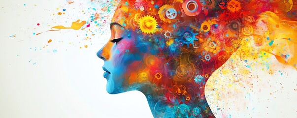 A colorful and imaginative abstract human head silhouette, featuring gears and vibrant paint splashes, representing the fusion of creativity, technology, and limitless ideas