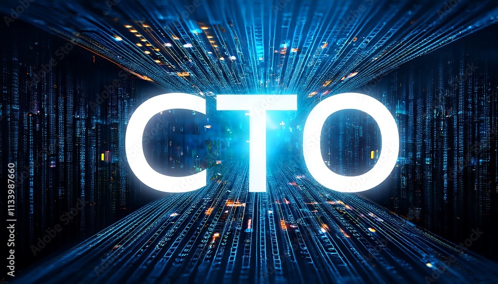 Poster glowing cto text amidst digital code on a dark background.