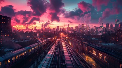 Fototapeta premium Cityscape Sunset: Urban Railroad Panorama