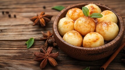 Fototapeta premium A wooden bowl filled with round, sweet dumplings, garnished with mint and spices.