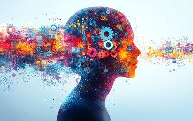 A creative and colorful abstract illustration of a human head silhouette