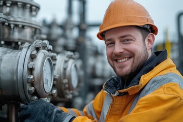Male Engineer with Warm Smile Inspecting Industrial Equipment in Construction Zone
