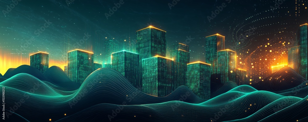 Poster a digital landscape with data servers glowing in green and gold, surrounded by abstract futuristic p