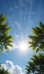 A beautiful shot of the blue sky at noon with a single sunbeam illuminating it, sunny day, radiance