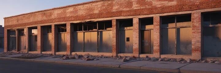 Fototapeta premium Abandoned retail building with bricked windows and peeling paint at dusk, decay, decreased lighting