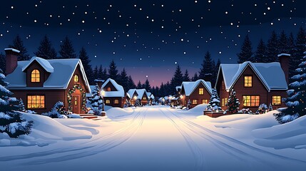 Fototapeta premium A Snowy Christmas Village Street at Night
