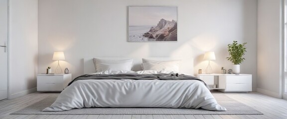 Plain white bedroom with a white table near the bed, furniture, blank wall, empty space