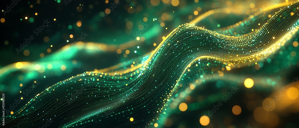 Poster a futuristic data server environment illuminated in green and gold, with abstract patterns and vibra