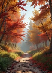 Obraz premium Autumnal Landscape with Red Berries and Green Leaves, green leaves, forest scenery, tree branches