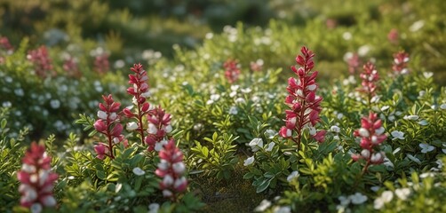 Fototapeta premium Bearberry plants with flowers Arctostaphylos uva ursi in a meadow, arctostaphylos uva ursi, wildflower
