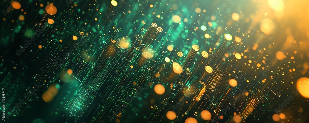 Poster a futuristic tech environment showcasing data servers surrounded by abstract patterns, with green an