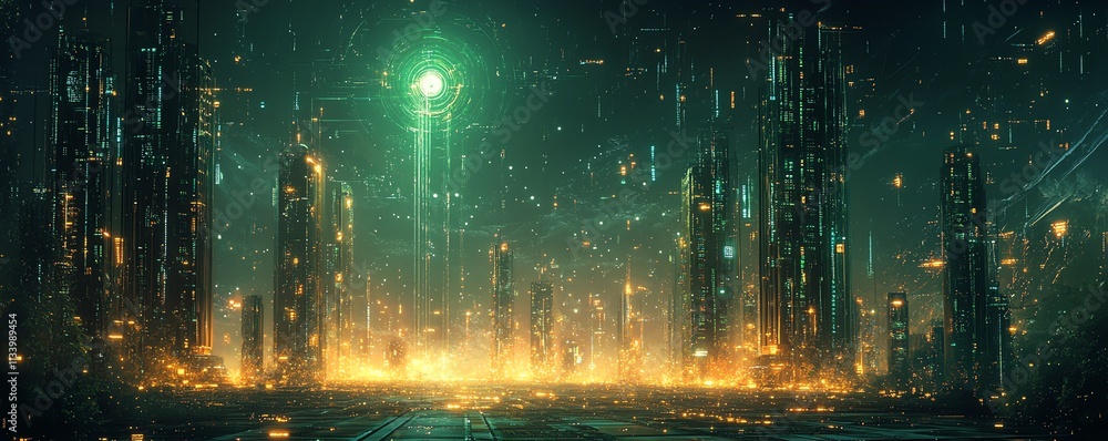 Poster a futuristic tech environment showcasing data servers surrounded by abstract patterns, with green an
