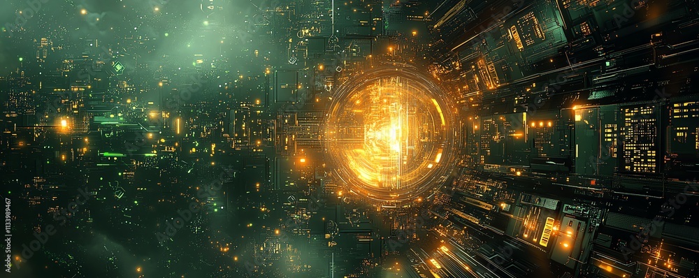 Poster a futuristic tech environment showcasing data servers surrounded by abstract patterns, with green an