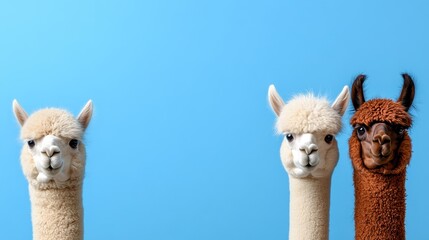 Obraz premium Playful alpacas pose against blue background fun animal portraits studio setting whimsical perspective