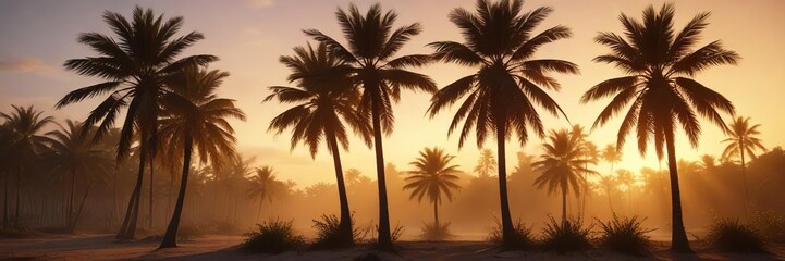 Obraz premium Softly lit palm trees with warm golden light during tranquil evening hours, golden light, relaxing scene