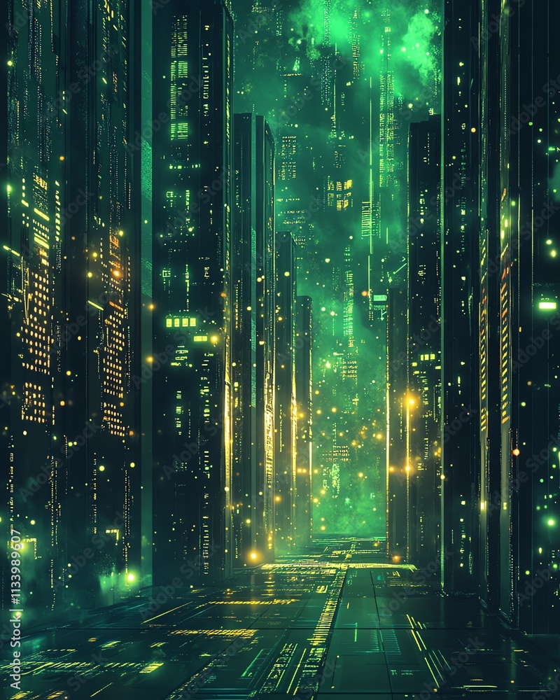 Poster a glowing illustration of data servers in a futuristic setting, surrounded by abstract patterns and 