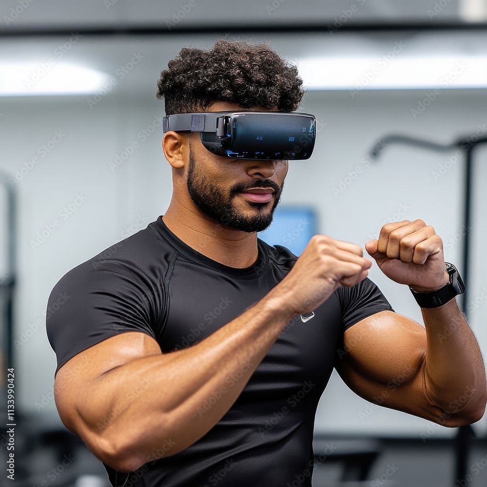 Poster young man wearing advanced virtual reality headset in a modern indoor environment, exploring immersi