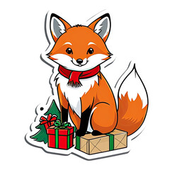 Obraz premium Cute fox wearing a scarf and sitting beside wrapped Christmas gifts, designed as a charming holiday sticker with a transparent background 
