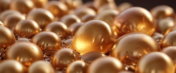Iridescent gelatinous shapes in a gradient of warm, muted golds and bronzes, peaceful atmosphere, abstract shapes, soft curves