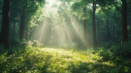 Fototapeta premium Sunlight streams through the trees in a lush green forest, creating a mystical and serene atmosphere.