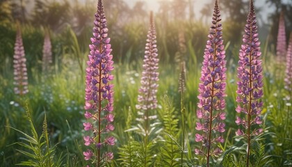 Detailed photo of pink lupin flowers growing among the tall grasses with subtle morning dew, delicate petals, wildflower details