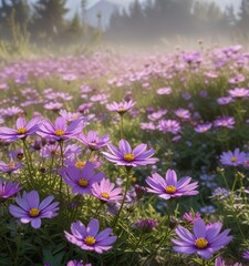 Morning mist rises over a bed of purple Cosmos flowers , soft, mist