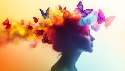 A silhouette of a woman with butterflies in vivid colors coming from her head, set against a serene pastel background, representing the journey of creativity and transformation
