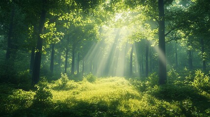 Obraz premium Sunlight streams through the trees in a lush green forest, creating a mystical and serene atmosphere.
