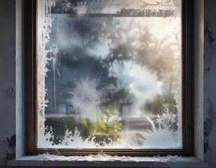 Window with thick layer of condensation and white mould patches, foggy window, white mould
