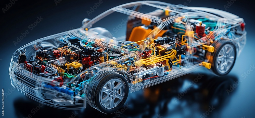 Poster transparent car model showcasing internal components and engineering design.