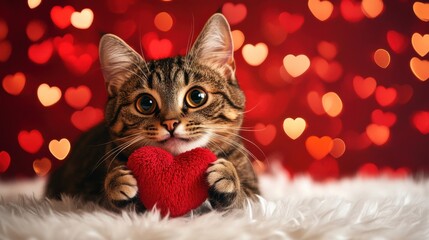 Tabby cat playfully holding a small plush heart in its paws, on a white furry rug, set against a rich crimson backdrop with blurred floating hearts and sparkles, Valentine's Day background, copy space