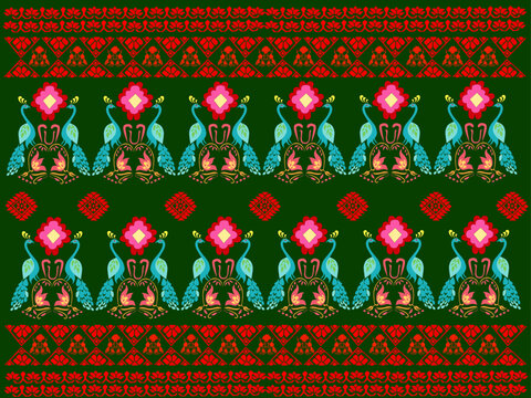 tribal pattern ( Assamese pattern ) of northeast India which is used for textile design in Assam Gamosa , muga silk or other traditional dress. similar to Ukrainian pattern or Russian pattern.	
