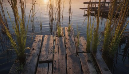 Reeds swaying gently in the current beneath a worn wooden pier , natural scenery, water movement