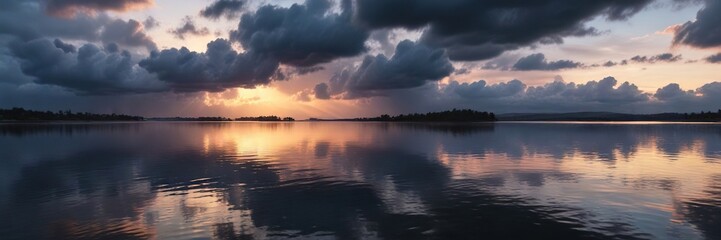 Obraz premium Rain clouds cast long shadows across the water as day fades to night, sky, horizon