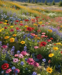 Obraz premium Sunny meadow with a variety of colorful wildflowers, daisy, blooming flowers, field of flowers