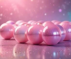 A collection of pastel pink orbs floating amidst a shimmering, iridescent background with glitter and rainbow colors, digital art , shimmer