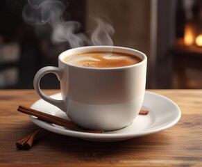 Obraz premium A cup of steaming hot coffee with a hint of cinnamon , spice, cozy