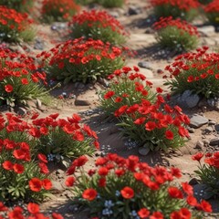 Flores de primavera em poteira com espinheiros e terra vermelha, vibrant, verdant