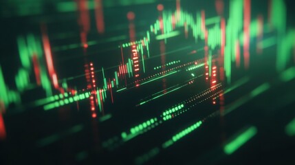 Close-up of a fluctuating forex trading graph with green and red candlestick bars, sharp spikes, and valleys.