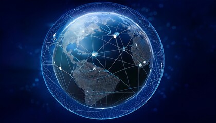 Obraz premium World globe with network lines on a dark blue background.