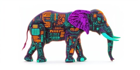 Fototapeta premium A colorful, digital-themed elephant sculpture showcasing technology and nature.