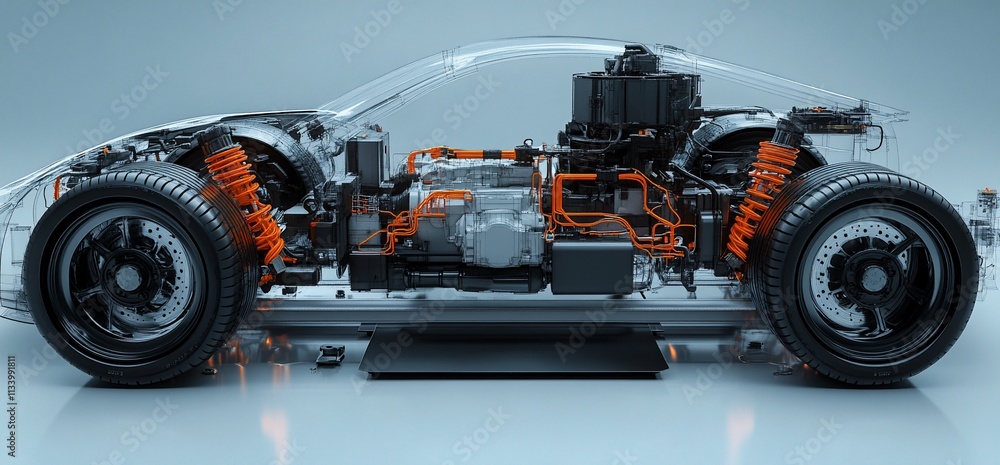 Poster transparent view of an electric vehicle's internal components and systems.