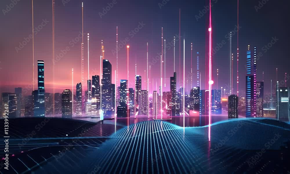 Poster smart city and abstract dot point connect with gradient line and aesthetic intricate wave line desig