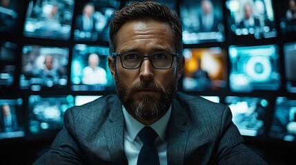 Business Leader Presiding Over Virtual International Team Meeting via Holographic Screens