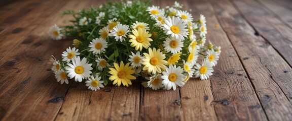 Fototapeta premium A mix of daisies and buttercups adorn the wooden surface , vintage charm, natural elegance, buttercups