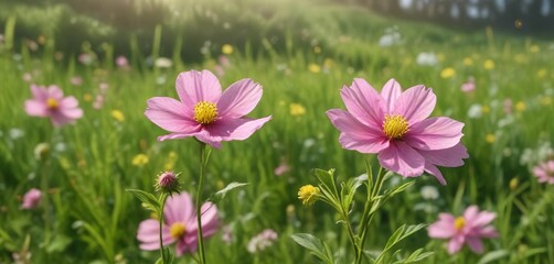 Fototapeta premium a delicate pink flower blooming against a lush green meadow backdrop with yellow pollen visible, flora, yellow pollen