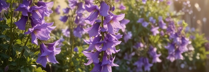 Fototapeta premium Campanula purple flower bells in the warm sunlight , garden, blooming