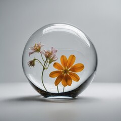 A surreal floating flower in a glass bubble on white.